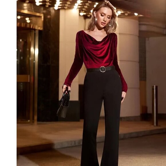 Tops - Women's Solid Velvet Cowl Neck Long Sleeve Top in Burgundy Sizes M and L